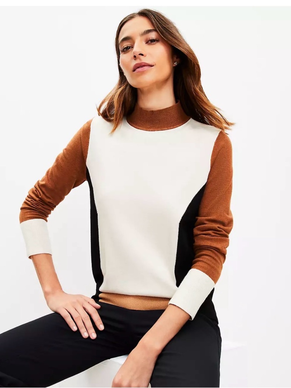 Colorblock Crewneck Sweater in White, Brown & Black-Anne Taylor Loft